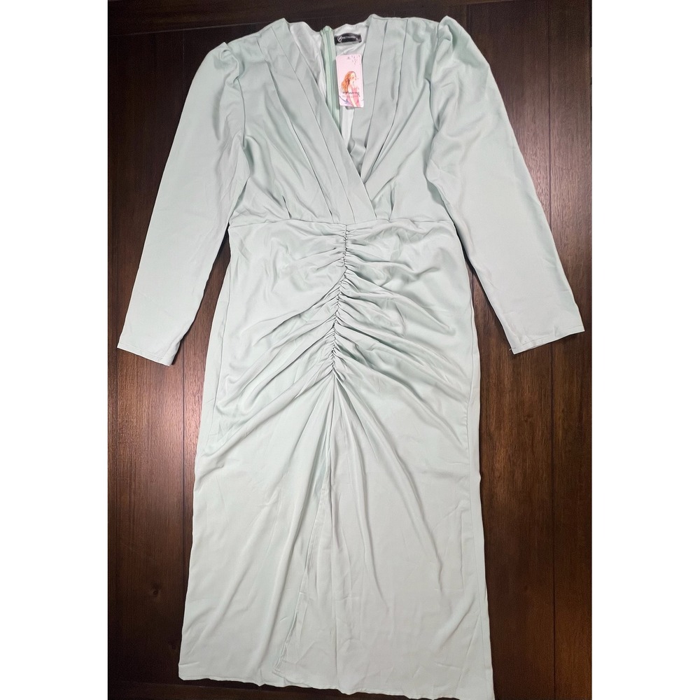 PrettyGarden Mint Green Ruched V-Neck Long Sleeve Midi Dress XL NWT